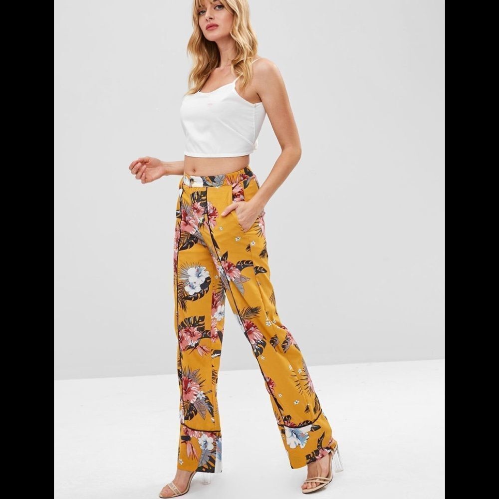 TOPSHOP Asian Oriental yellow floral flower print wide leg trousers belted Sz 8 - Picture 4 of 16